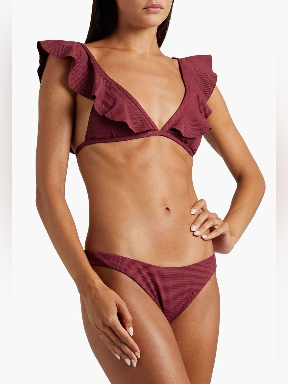 EBERJEY Ruffled stretch-piqué bikini top and bottoms Brick Color Size Medium